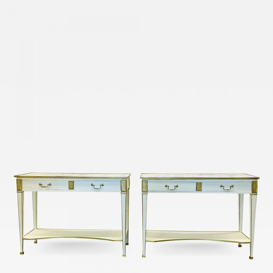 Pair of Hollywood Regency Neoclassical White Sofa, Console Tables, Maison Jansen: Title: Pair of Hollywood Regency Neoclassical White Sofa, Console Tables, Maison JansenDescription: Pair of Hollywood Regency Neoclassical White Sofa or Console Tables, Sideboards or Serving Tables, M