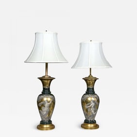 Pair Classical Design Table Lamps Urn Shape Form Reverse Glass Depicting Goddess
