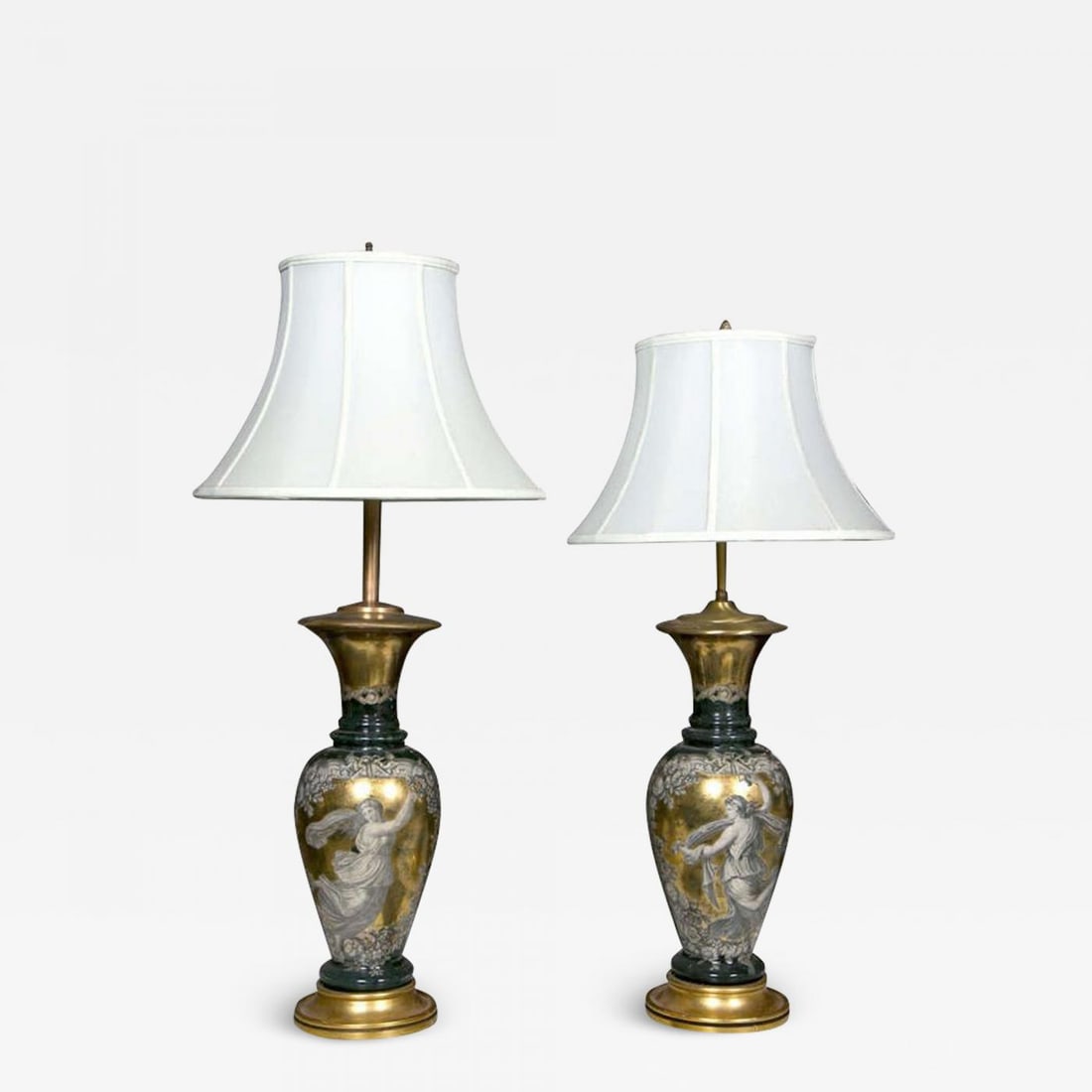 Pair Classical Design Table Lamps Urn Shape Form Reverse Glass Depicting Goddess (1 of 9)