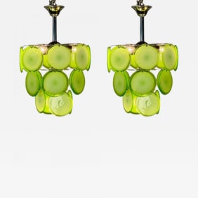 Pair of Mid-Century Modern Style Small Green Murano Glass Disk Chandeliers