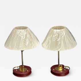 Cartier Style, Modern Key Table Lamps, Red Leather, Brass, Paper Shades