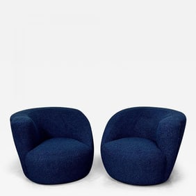 Pair of Mid-Century Modern Nautilus Style Swivel / Lounge Chairs, Blue Faux Fur