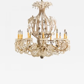 Beautiful Gilt Iron 12-Light Chandelier with Great Crystal and Bead Decoration