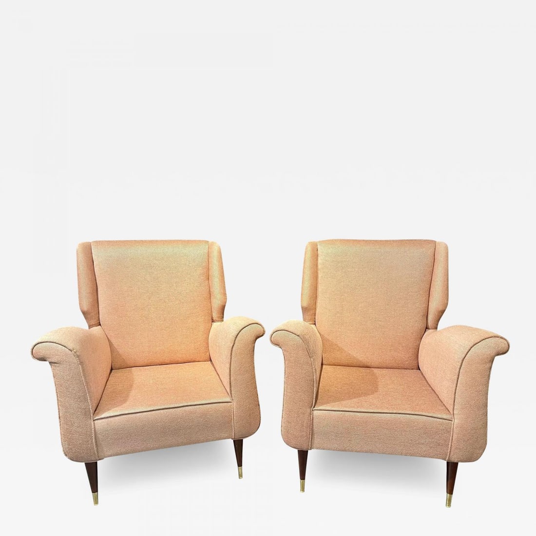 Pair of Mid-Century Modern Gio Ponti Style Armchairs / Wingback Chairs: Title: Pair of Mid-Century Modern Gio Ponti Style Armchairs / Wingback ChairsDescription: Pair of Mid-Century Modern Gio Ponti style arm or wingback chairs. These finely detailed sleek and stylish arm