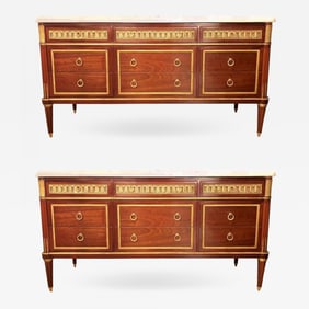 Pair of Monumental Louis XVI Style Marble Top Commodes Maison Jansen