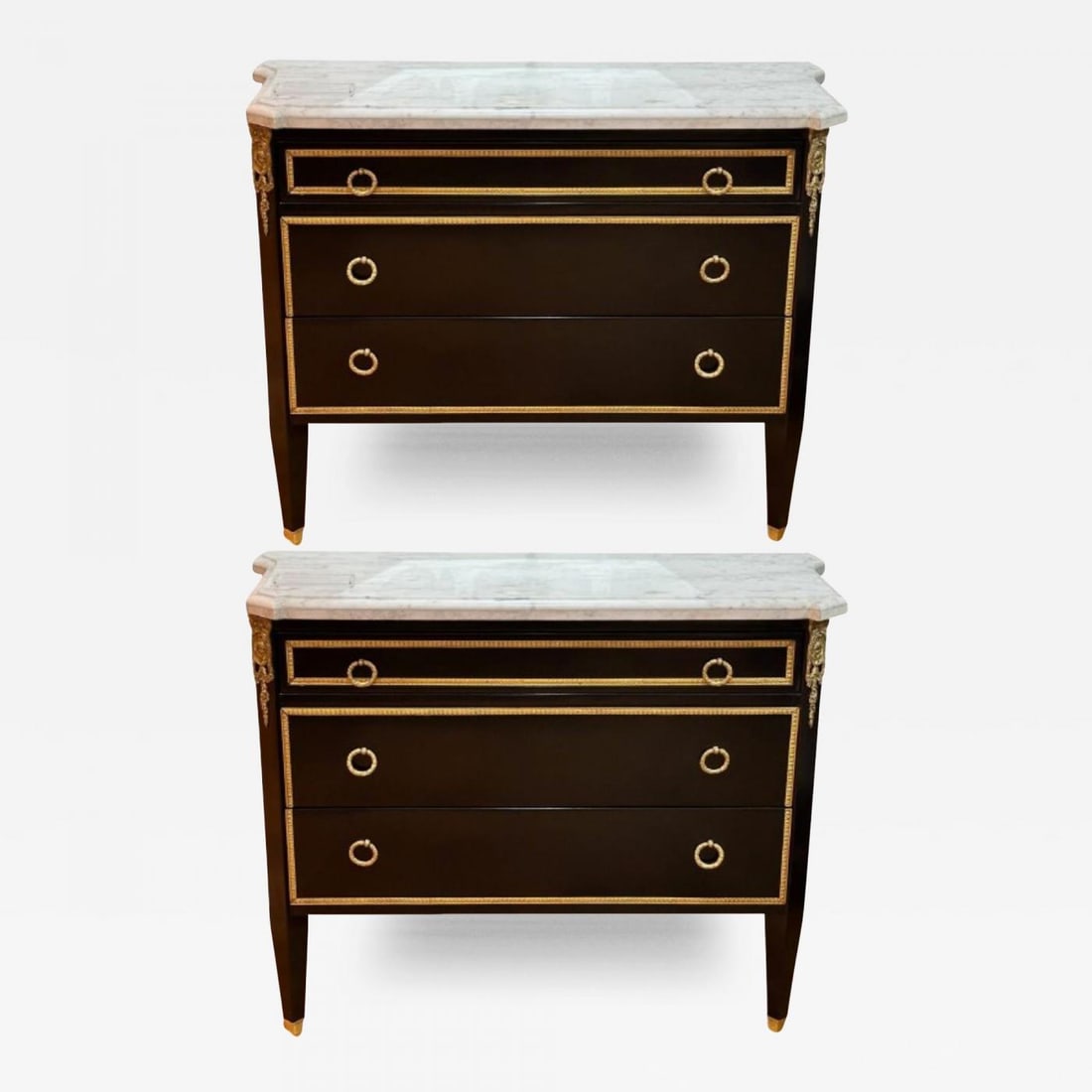 Louis XVI, Hollywood Regency, Commodes, Black Painted Wood, Bronze, Marble: Title: Louis XVI, Hollywood Regency, Commodes, Black Painted Wood, Bronze, MarbleDescription: Louis XVI, Hollywood Regency, Commodes, Black Painted Wood, Bronze, Marble Pair of traditional Louis XVI s