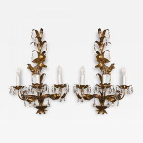 French Marie Therese Style Gilt-Brass Three-Light Wall Sconces Cherub Figures
