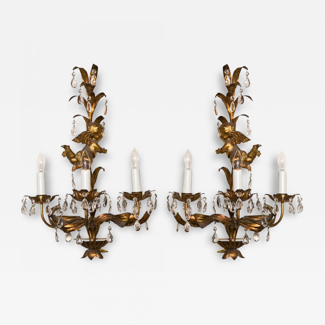 French Marie Therese Style Gilt-Brass Three-Light Wall Sconces Cherub Figures (1 of 7)