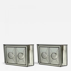 Art Deco Style, Antique Glass, Painted Wood, Concave Mirrored Cabinets
