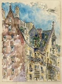 Modernist Watercolor Signed by Adam Van Doren, Architecture, City, Framed