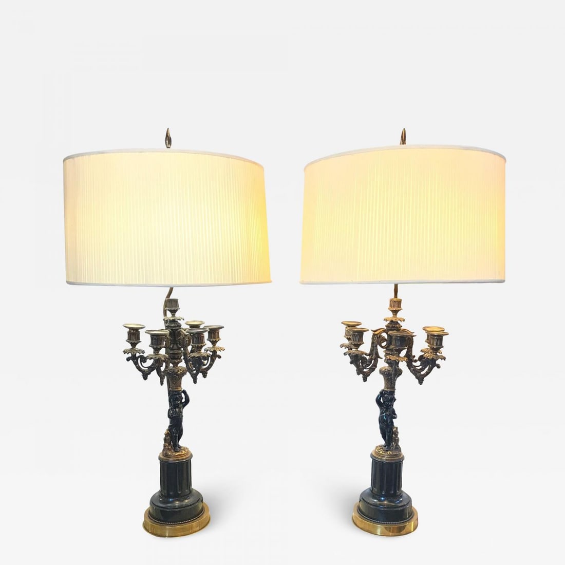 Pair of Antique Bronze Cherub Candelabras on Marble Vases with Custom Shades (1 of 12)