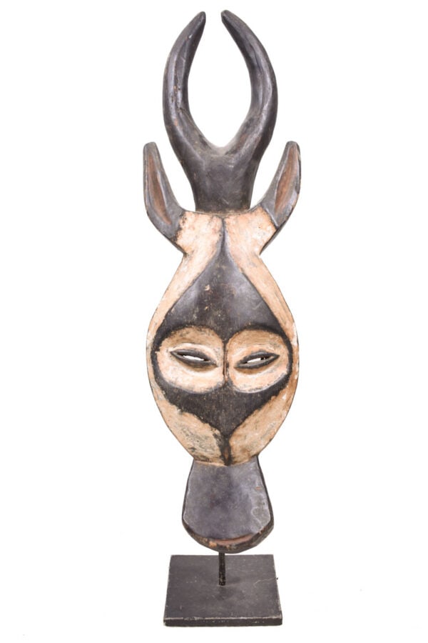 Antelope Mask – Wood – Kwele – Gabon: Beautiful hand carved wooden Antelope mask of the Kwele tribe living in Gabon. The Kwele use several types of masks in ceremonies to promote harmonious interaction and group solidarity. Kwele masks, m