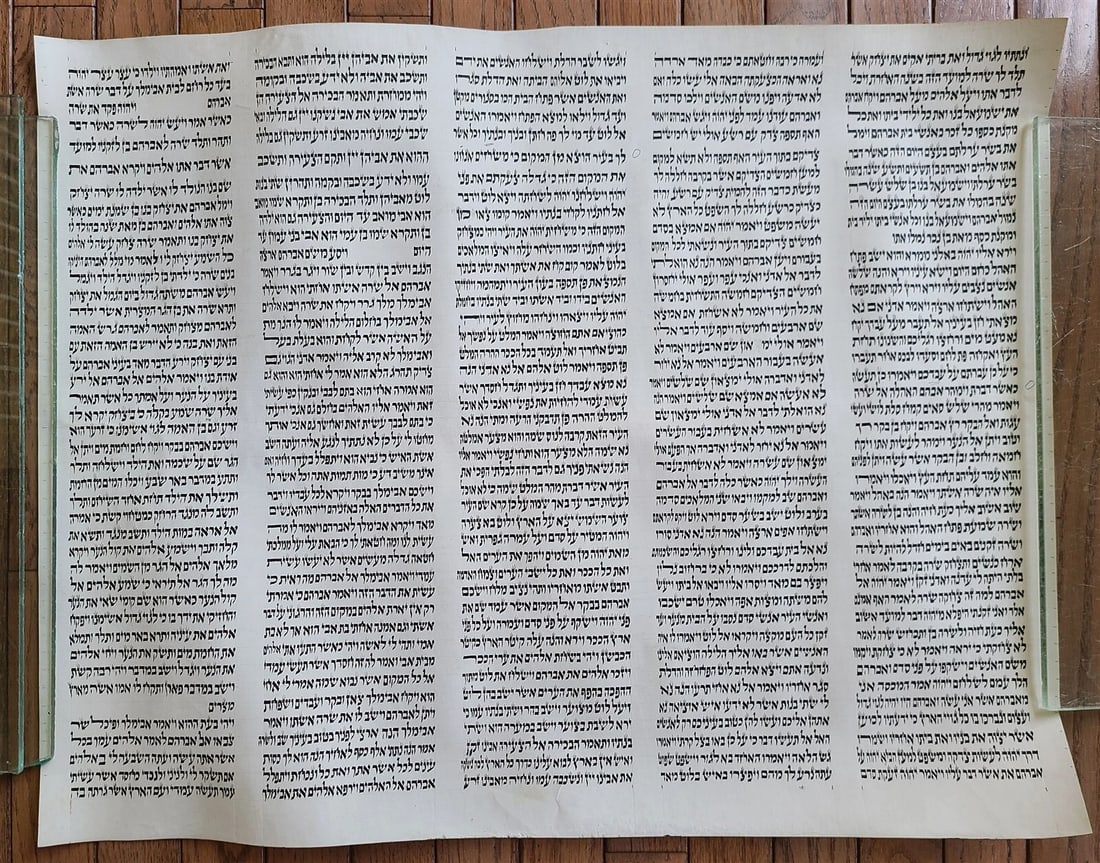 TORAH SCROLL FRAGMENT MANUSCRIPT on VELLUM ANTIQUE BIBLE GENESIS 17:20 - 21:23 (1 of 2)