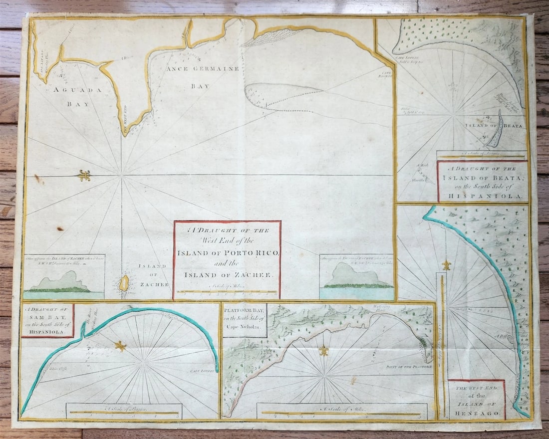 1750s MAP WEST END of the ISLE of PORTO RICO & ISLAND of ZACHEE antique 19x24": Title: 1750s MAP WEST END of the ISLE of PORTO RICO & ISLAND of ZACHEE antique 19x24" Description: WEST END of the ISLE of PORTO RICO & the ISLAND of ZACHEE [1767] Hand colored The region of Aguada Ba
