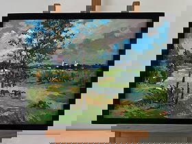 Oil painting Horses by the river Yuriy Suprunchuk: No AAA5482 The Oil painting on Cardboard titled 'Horses by the River' captures a tranquil yet vivid pastoral scene, where the beauty of nature and the calm rhythm of rural life meet in a symphony of c