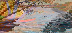 Oil painting River landscape Kulyk I.: No Pol 29 * TITLE: "River landscape" * ARTISTS: Kulyk I. * SIZE: 119x251 cm/'47x99 inches' * MEDIUM: oil, canvas * HAND PAINTED: Original painting from our collection * CONDITION: we tried to convey t