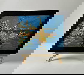 Oil painting House on the seashore Yuriy Suprunchuk: AAA5775 The Oil painting Cardboard titled "House on the seashore" captures a radiant and lively coastal scene that brings together human presence, nature’s beauty, and the enduring relationship