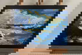 Acrylic painting Sun rays through the clouds Mykhailo Patskan: AAA4798 The acrylic painting on cardboard titled "Sun Rays Through the Clouds" captures the breathtaking interplay of light and shadow over a seascape. The artist skillfully portrays the vastness of t