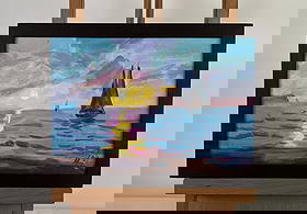 Acrylic painting Sea sunset on ships Mykhailo Patskan: AAA4809 The acrylic painting on cardboard titled "Sea Sunset on Ships" captures the enchanting moment when the sun begins its descent over the horizon, casting a golden glow across the tranquil sea. T