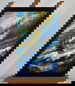 Acrylic painting Sailboat in a stormy sea Mykhailo Patskan: AAA4814 The acrylic painting on cardboard titled "Sailboat in a Stormy Sea" captures a dramatic and intense moment of struggle and perseverance against nature’s relentless forces. The painting c