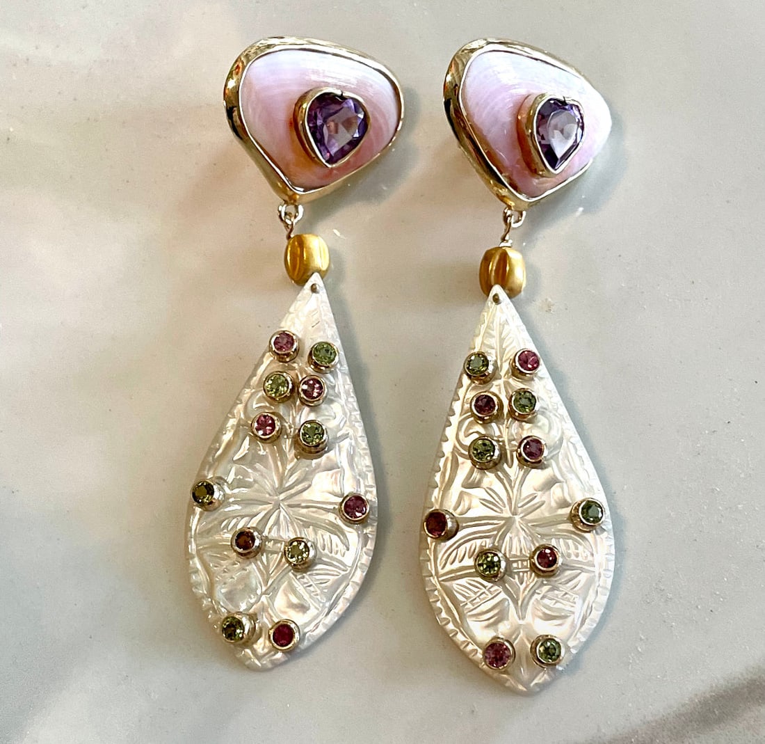 Pink Scallop and Carved Abalone Earrings: Title:Pink Scallop and Carved Abalone Earrings Description:Little pink scallops with large, faceted amethysts and 18K, 18th century Afghani beads. Drops of carved abalone with pink topaz. Reserve: $2,