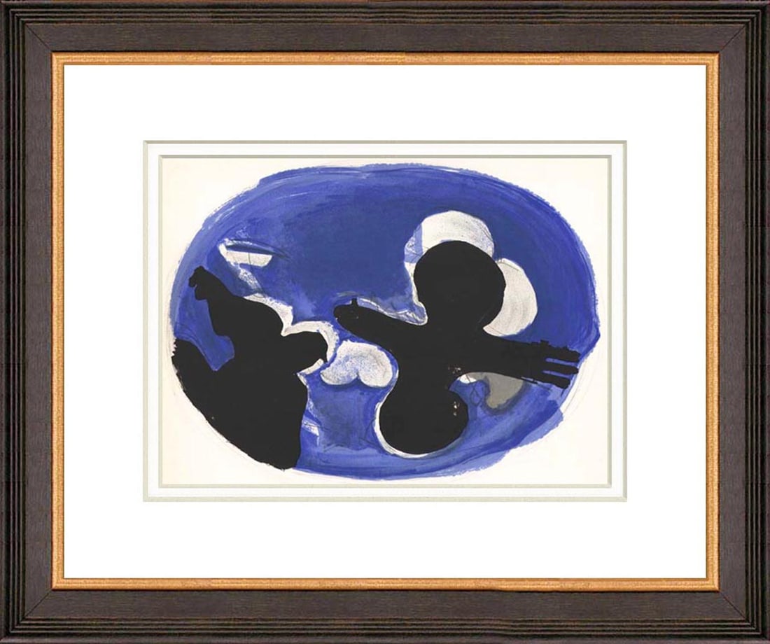 Braque Lithograph Flying Bird V31-L02 Verve 1955 framed: Artist: Georges Braque \nCounty: France \nTitle: Untitled Flying Bird \nMedium: Lithograph - V31-L02 \nMarks: Not signed, not numbered \nPrinted: 1955 by Mourlot France \nPaper Size: Vellum 14.5 x 1 0