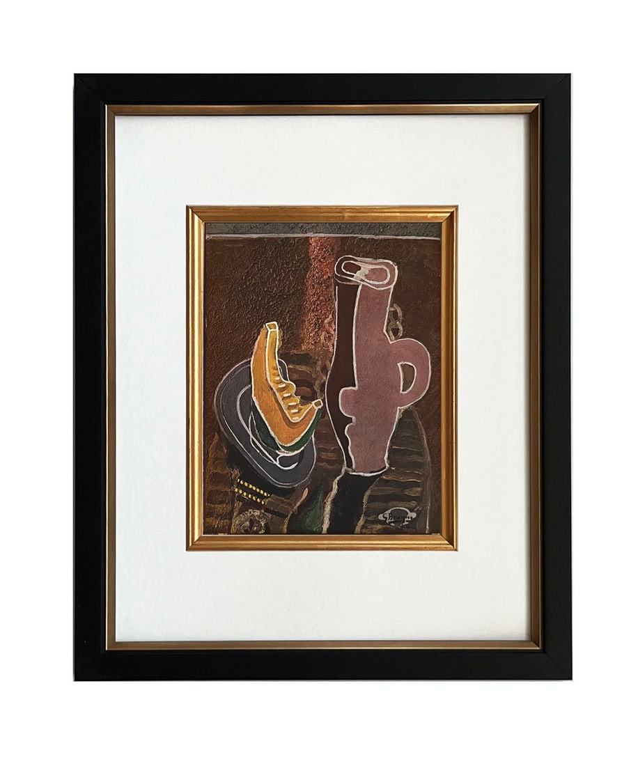 Braque 1946 La Tranche de Potiron 24 framed: Title: La Tranche de Potiron 24 \nArtist: Georges Braque \nCountry: France \nMedium: HelioGravure \nMarks: Not signed, not numbered \nPaper size:? 8.5 x 10.5 inches \nPrinted: 1946 by Draeger Freres,