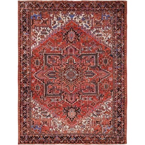 Chili Red, Semi Antique Persian Heriz, Worn Wool Hand Knotted Rug