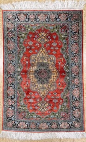Hand-Knotted Persian Qum 100% Silk Birds Rust Geometric Semi-Antique Oriental Area Rug 3'4" x 5'1"