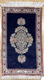 Hand-Knotted Persian Qum Semi-Antique 100% Silk Navy Ivory Rug 1'11" x 3'3"