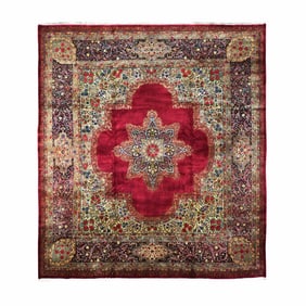 Red, Antique Persian Kerman, 350 KPSI Hand Knotted Wool Square Rug