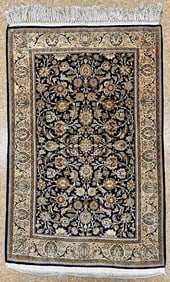 Hand-Knotted Semi-Antique Persian Qum 100% Silk 3'6" x 5'5" Navy Blue Oriental Rug