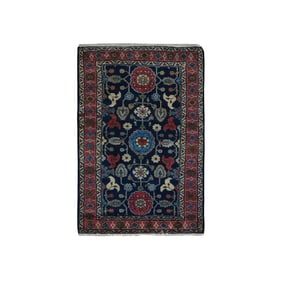 Oxford Blue Antique Zoroastrian Sarouk Wool Full Pile Hand Knotted Rug