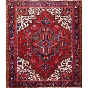 Crimson Red, Semi Antique Persian Heriz, Hand Knotted Pure Wool Rug