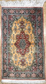 Hand-Knotted Persian Qum 100% Silk Semi-Antique Gold Oriental Rug 2'8" x 4'3"