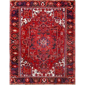 Fire Brick Red, Hand Knotted, Semi Antique Persian Heriz Pure Wool Rug