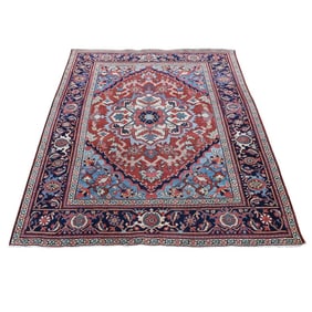 Crimson Red Antique Persian Serapi Heriz Hand Knotted Pure Wool Rug