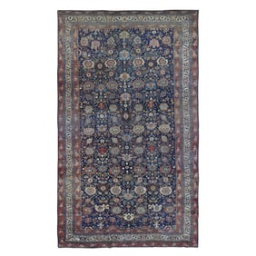Navy Blue Antique Persian Bijar Even Wear Clean Hand Knotted Wool Rug
