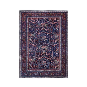 Navy Blue Antique Persian Tabriz Full Pile Hand Knotted Pure Wool Rug