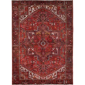 Imperial Red, Semi Antique Persian Heriz, Worn Wool Hand Knotted Rug