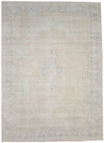 Antique Muted Beige Floral 9'5X13 Distressed Vintage Oriental Rug