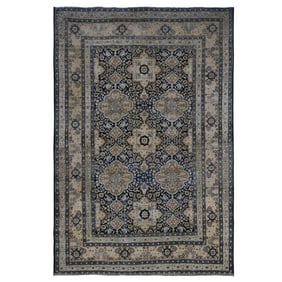 Midnight Blue, Antique Persian Tabriz, 100% Wool Hand Knotted Rug