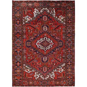 Raspberry Red, Worn Wool, Hand Knotted, Semi Antique Persian Heriz Rug