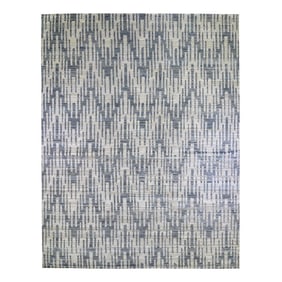 Oversized Blue Pure Silk & Textured Wool Zigzag with Graph Design Rug