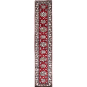 Carmine Red Hand Knotted Super Kazak Shiny Wool Runner Oriental Rug