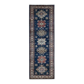 Denim Blue Afghan Super Kazak Runner Hand Knotted Pure Wool Rug
