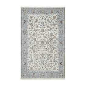 White Nain with All Over Flower Design Wool and Silk Hand Knotted Rug