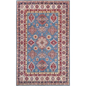 Carolina Blue Hand Knotted Wool Kazak Geometric Motifs Oriental Rug