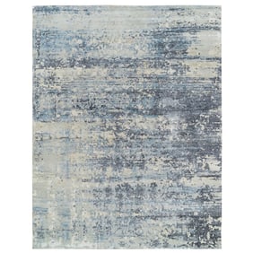Blue, Wool and Silk Hand Knotted, Modern Abstract Design Oversized Rug