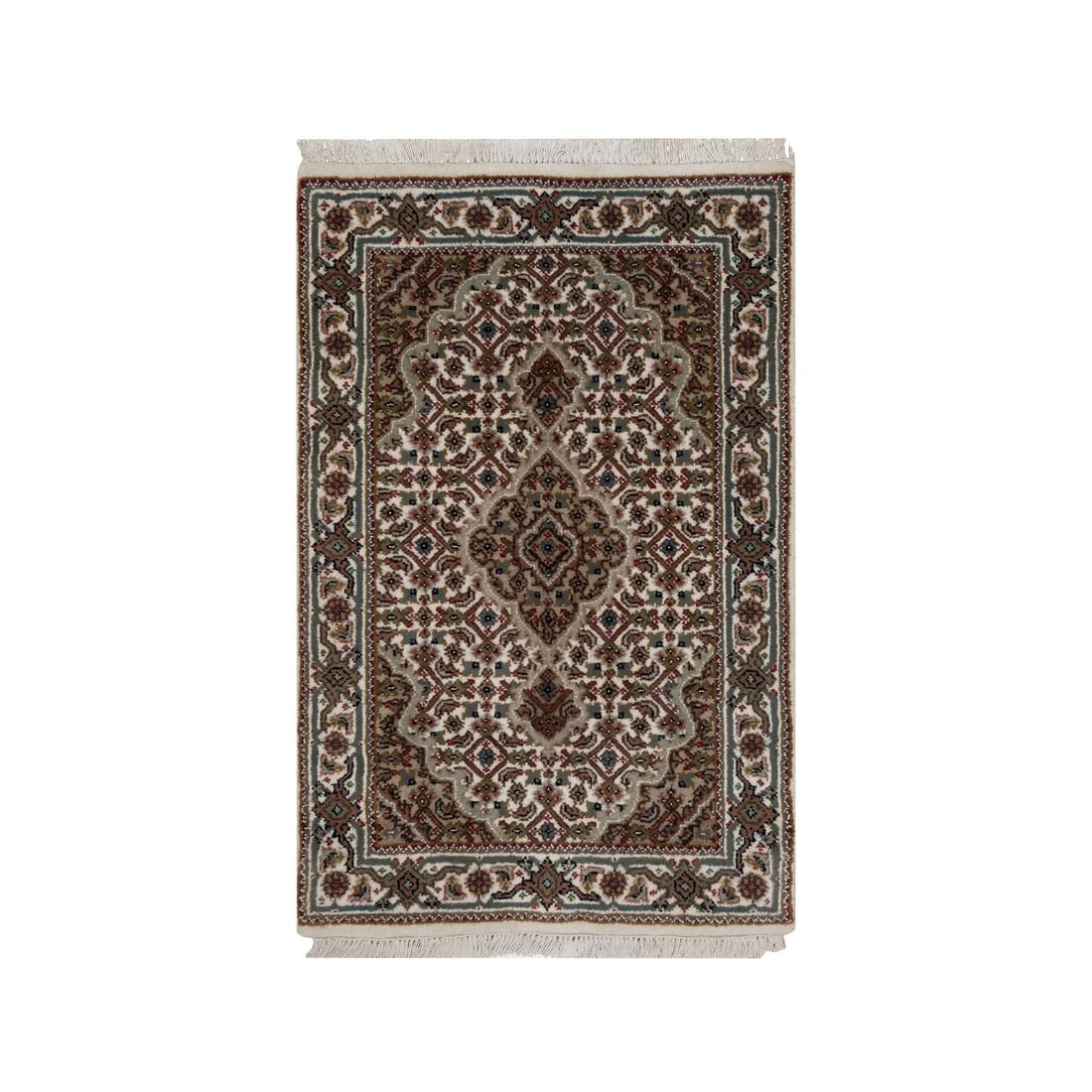 White Tabriz Mahi with Fish Design Hand Knotted Pure Wool Mat Rug: Title: White Tabriz Mahi with Fish Design Hand Knotted Pure Wool Mat Rug Description: This is a truly genuine one-of-a-kind. It has been Knotted for months and months in the centuries-old weaving craf
